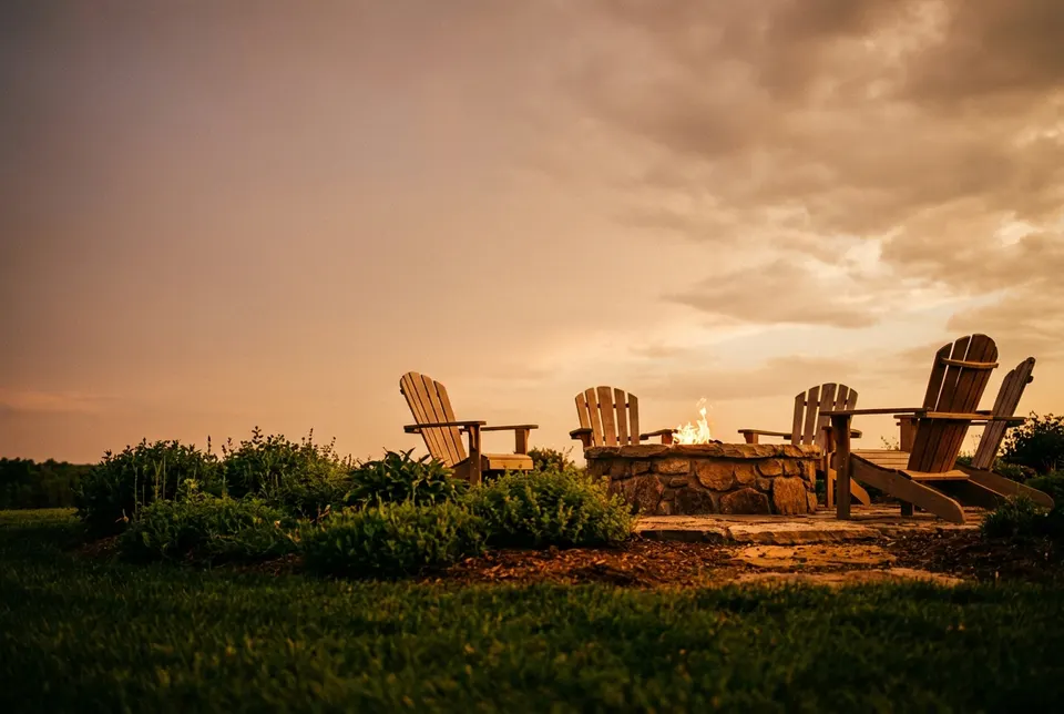 A generated illustration of a fire pit and seating area at dusk, a mood image and not an actual Snaza Landscaping project.